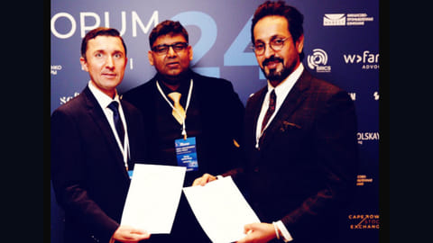 Vidhiśāstras Managing Partner Ashish Deep Verma (Middle), with Ssalem Humaid Saif Almzaini (Right) and Dr Alexander G. Savosky (Left)