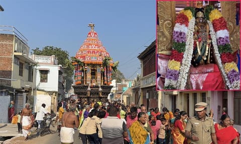 ஆழ்வார்திருநகரியில் நடைபெற்ற தேரோட்டம் (உள்படம்: பொலிந்து நின்ற பிரான்)