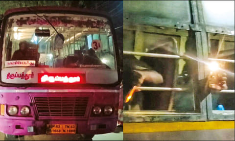 முகப்பு விளக்கு பழுது: செல்போன்கள் வெளிச்சத்தில் சென்ற அரசு பேருந்து