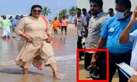 செருப்பை வைத்திருந்த ஊழியர்...! சர்ச்சையில் சிக்கிய மந்திரி ரோஜா.. !