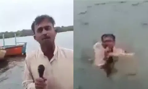 கடலில் குதித்து வானிலை செய்தி வழங்கிய செய்தியாளர் - வைரல் வீடியோ
