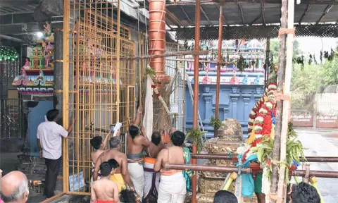 சிங்கிரிகுடியில் பிரசித்தி பெற்ற லட்சுமி நரசிம்மர் கோவிலில் பிரமோற்சவ விழா கொடியேற்றத்துடன் தொடங்கியது.