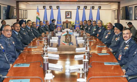 Defence Minister Rajnath Singh, Chief of Defence Staff General Anil Chauhan and Chief of the Air Staff Air Chief Marshal AP Singh during the Air Force Commanders' Conclave, in New Delhi