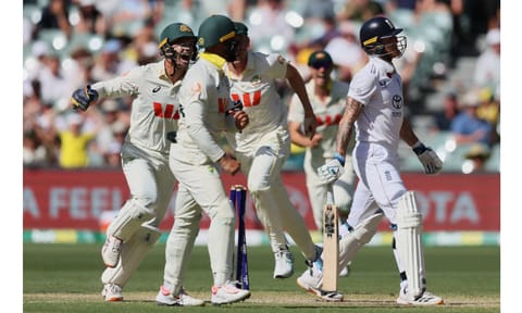 Australia celebrates the fall of Ben Stokes on the fourth day