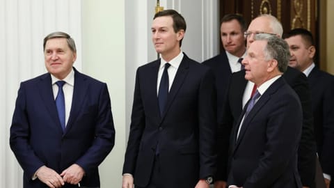 Russian Presidential foreign policy adviser Yuri Ushakov, left, U.S. President Donald Trump’s son-in-law Jared Kushner, center, U.S. special envoy Steve Witkoff, foreground right, and Russian Direct Investment Fund CEO Special Presidential Representative for Investment and Economic Cooperation with Foreign Countries Kirill Dmitriev, behind Witkoff.
