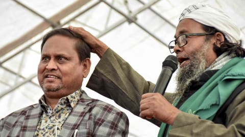 West Bengal MLA Humayun Kabir, left, during a public meeting after he floated a new outfit, Janata Unnayan Party, in Murshidabad district, West Bengal, Monday, Dec. 22, 2025