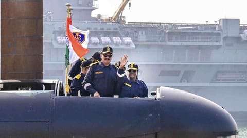 President Droupadi Murmu during a submarine sortie aboard Indian Navy's frontline submarine INS Vaghsheer on the Western seaboard, from the Karwar naval base in Karnataka