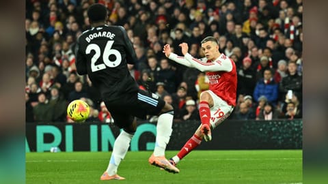 Leandro Trossard fires a shot on goal during the match