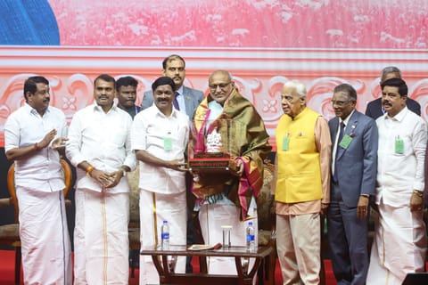 The Bharat Ratna Dr MGR Trust honored Vice President CP Radhakrishnan at Chennai’s Kalaivanar Arangam