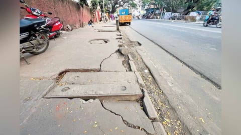 The poorly maintained stretch of footpath in Jamalia on Perambur High Road is near the office of Chennai Mayor