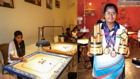 Former World Champion M Khazima and World Champion Keerthana with her World Cup medals and trophies.