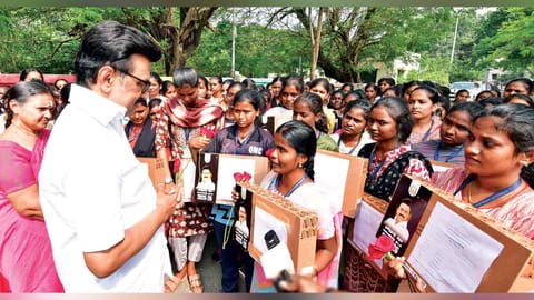 Students sharing roses with Chief Minister MK Stalin in Chennai on Tuesday