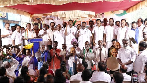 Protest led by Tamil Nadu Congress Committee (TNCC) president K Selvaperunthagai in Rajarathinam Stadium in Egmore against the Union government's decision to rename the Mahatma Gandhi National Rural Employment Guarantee Act (MGNREGA) scheme.