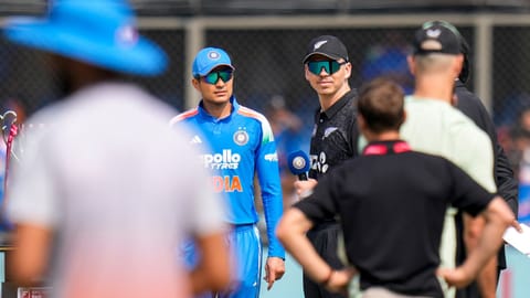 India's captain Shubman Gill, left, and New Zealand's captain Michael Bracewell during the toss before the start of the third ODI cricket match between India and New Zealand, at Holkar Cricket Stadium, in Indore, Madhya Pradesh, Sunday, Jan. 18, 2026.