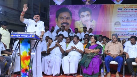 Former Tamil Nadu Minister K. T. Rajenthra Bhalaji, during his speech at Sivakasi on Tuesday.
