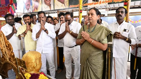 DMDK general secretary Premalatha at party founder Vijayakant's memorial in Koyambedu on Wednesday