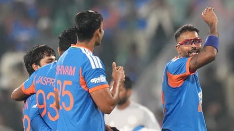 Indian players celebrate after winning the first T20I cricket match between India and New Zealand, at Vidarbha Cricket Association Stadium in Nagpur, Maharashtra, Wednesday, Jan. 21, 2026.