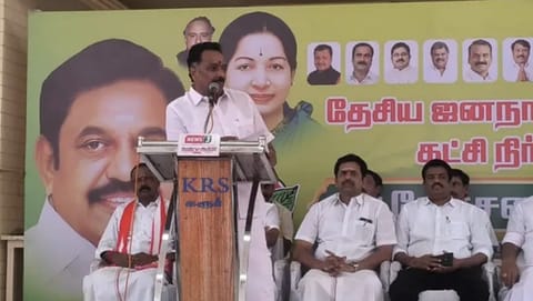 AIADMK former minister MR Vijayabhaskar addressing the NDA meeting in Karur on Friday