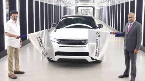 The first Range Rover Evoque being rolled out from the Tata Motors Passenger Vehicles and Jaguar Land Rover (JLR) greenfield car manufacturing facility in Ranipet, by Chief Minister MK Stalin and Tata Motors and JLR Chairman N Chandrasekaran