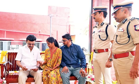CM Stalin with petitioners on the newly installed ‘Nambikkai Irukkai’ at the integrated police station