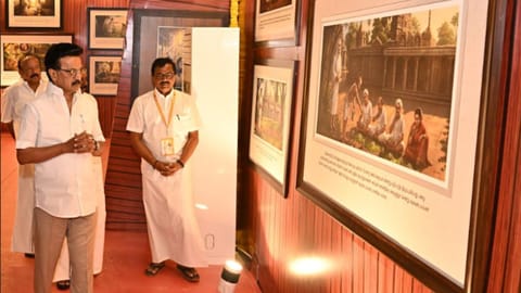 Chief Minister MK Stalin inspecting a photo expo on the life history of Ramalinga Vallalar in Chennai on Sunday (February 15)