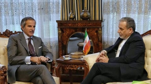 Iranian Foreign Minister Abbas Araghchi, right, and International Atomic Energy Agency (IAEA) Director-General Rafael Grossi, left, hold a meeting in Geneva, Switzerland