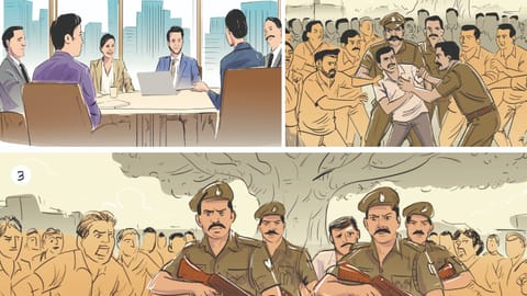 Gulshan Darad is an influential IT startup founder in Giridh district, Jharkhand. Around 20-30 villagers surround the CB-CID team from TN while arresting him. Four district police personnel armed with self-loading rifles keep the crowd at bay