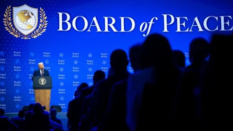 US President Donald Trump speaks at the Board of Peace meeting, during the Annual Meeting of the World Economic Forum in Davos, Switzerland.