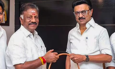 O Panneerselvam visited the Chief Minister’s chamber in the Assembly and presented him with a bouquet