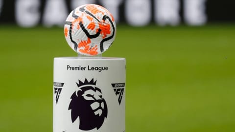 The match ball is set on a pedestal with the logo of the English Premier League before the soccer match between Newcastle and Aston Villa, in Newcastle, England
