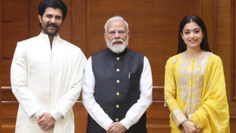 (L-R) Vijay Deverakonda, PM Modi and Rashmika Mandanna