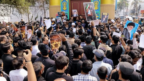 People from the Muslim community stage a protest against the alleged killing of Iran's Supreme Leader Ali Khamenei in US-Israel strikes, in Hyderbad, Sunday, Mar. 1, 2026