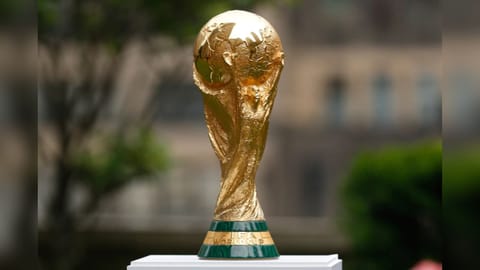 The FIFA World Cup Trophy is displayed before press conference at Rockefeller Plaza in New York.