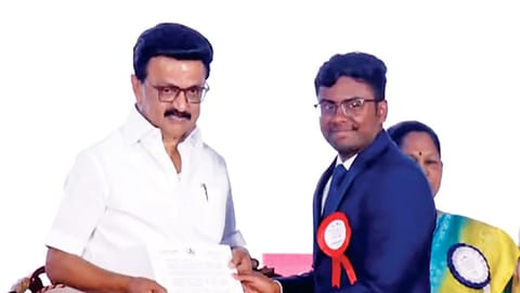Cheif Minister MK Stalin gives away award to M Subramania Bharathi during a programme organised in Chennai.