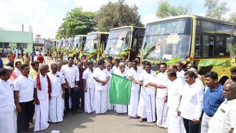 Transport Minister SS Sivasankar flagging off a new bus service in Ariyalur on Saturday