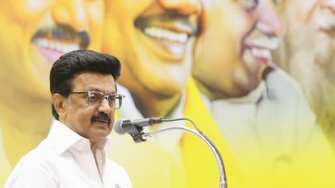 Chief Minister MK Stalin addressing party district secretaries at Anna Arivalayam on Monday