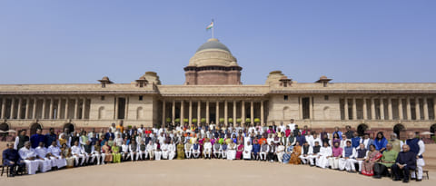 Vice President CP Radhakrishnan, Prime Minister Narendra Modi, Lok Sabha Speaker Om Birla, Union Ministers Kiren Rijiju, Nirmala Sitharaman, and others, pose for a group photograph with retiring and recently retired Members of Rajya Sabha, in New Delhi.