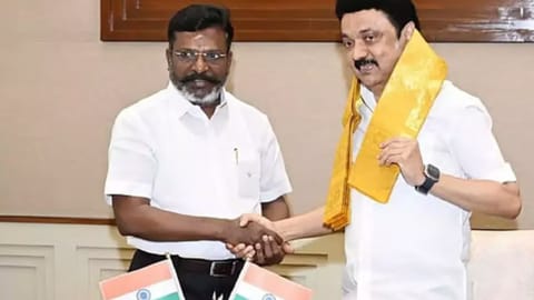VCK president Thol Thirumavalavan and DMK president M K Stalin