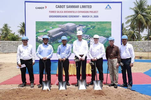 Vijay Sankar (second from left), Chairman, The Sanmar Group; Dr. Krishna Kumar Rangachari (third from left), Director, Cabot Sanmar Limited; Sean D. Keohane (fourth from left), President and CEO, Cabot Corporation, USA; and Stephen Knight, Facility General Manager, Performance Additives – FMO, Cabot Carbon Limited; at the groundbreaking ceremony at Mettur, Tamil Nadu, on March 31, 2026.