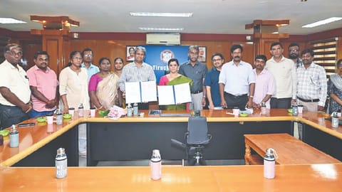 NIT director Aghila and Kauvery Hospitals founder Dr Manivannan Selvaraj, sign an MoU on Wednesday