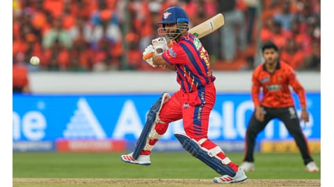 Lucknow Super Giants' captain Rishabh Pant plays a shot during the Indian Premier League cricket match between Sunrisers Hyderabad and Lucknow Super Giants in Hyderabad, India, Sunday, April 5, 2026