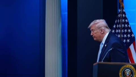 US President Donald Trump departs after speaking with reporters during a news conference in the James Brady Press Briefing Room at the White House, Monday, April 6, 2026, in Washington.