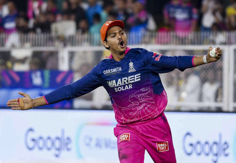 Rajasthan Royals' Yashasvi Jaiswal celebrates after taking the catch of Mumbai Indians' captain Hardik Pandya during toss ahead of an Indian Premier League (IPL) 2026 T20 cricket match between Rajasthan Royals and Mumbai Indians, in Guwahati, Tuesday, April 7, 2026.