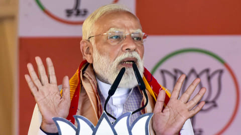 Prime Minister Narendra Modi addresses a public meeting ahead of the Assam Assembly elections, in Hojai, Monday, April 6, 2026.