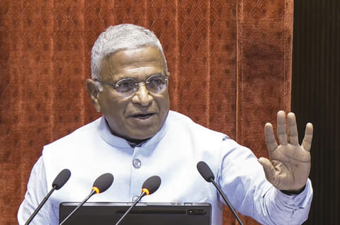 Rajya Sabha Deputy Chairman Harivansh Narayan Singh conducts proceedings in the House during the second part of the Budget session of Parliament, in New Delhi, Wednesday, March 25, 2026.
