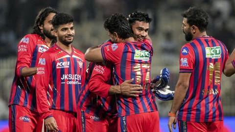 Lucknow Super Giants' Mukul Choudhary celebrates with teammates after the team's victory during an Indian Premier League (IPL) 2026 T20 cricket match between Lucknow Super Giants and Kolkata Knight Riders, at Eden Gardens, in Kolkata.