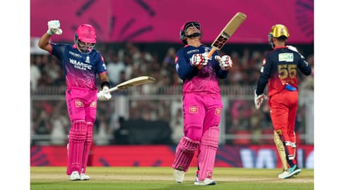 Rajasthan Royals' Vaibhav Sooryavanshi reacts after his dismissal during the Indian Premier League (IPL) 2026 T20 cricket match between Rajasthan Royals and Royal Challengers Bengaluru, in Guwahati, Friday, April 10, 2026
