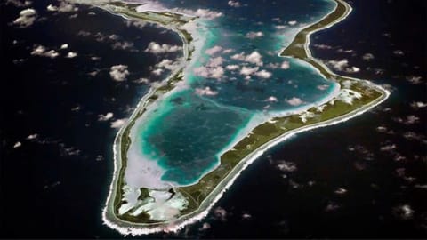 This image released by the U.S. Navy shows an aerial view of Diego Garcia in the Chagos Island group.