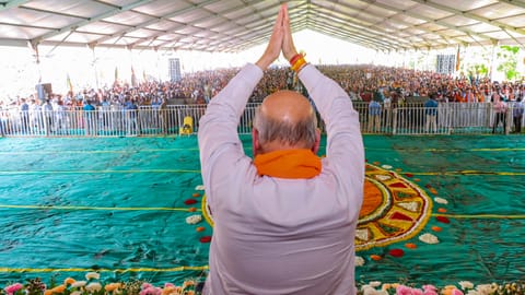 Union Home Minister Amit Shah during a public meeting ahead of the West Bengal Assembly elections, in Debra