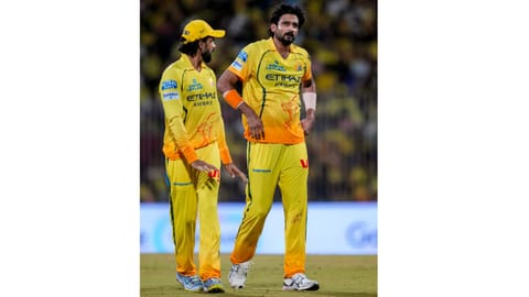 Chennai Super Kings' captain Ruturaj Gaikwad, left, with Khaleel Ahmed during the Indian Premier League (IPL) 2026 T20 cricket match between Chennai Super Kings and Kolkata Knight Riders, at MA Chidambaram Stadium in Chennai, Tamil Nadu, Tuesday, April 14, 2026
